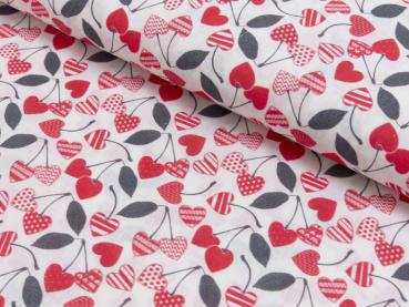 Baumwoll Druck Patchwork Herzkirschen auf Ecruweiß